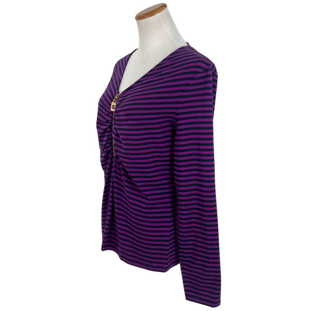 Michael Kors Purple & Black Striped V-Neck & Gold Logo Zip Accent Casual Top - Picture 4 of 12